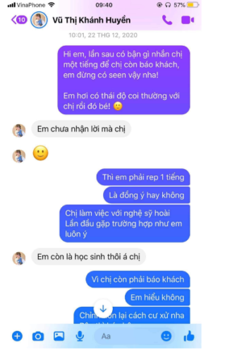 Ảnh cap màn hình tin nhắn về sự thiếu chuyên nghiệp của Vũ Thị Khánh Huyền